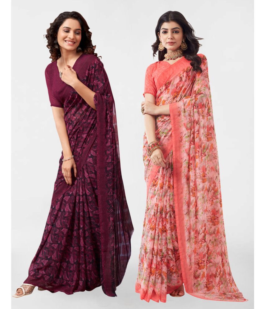     			Samah Georgette Printed Saree With Blouse Piece - Pink ( Pack of 2 )