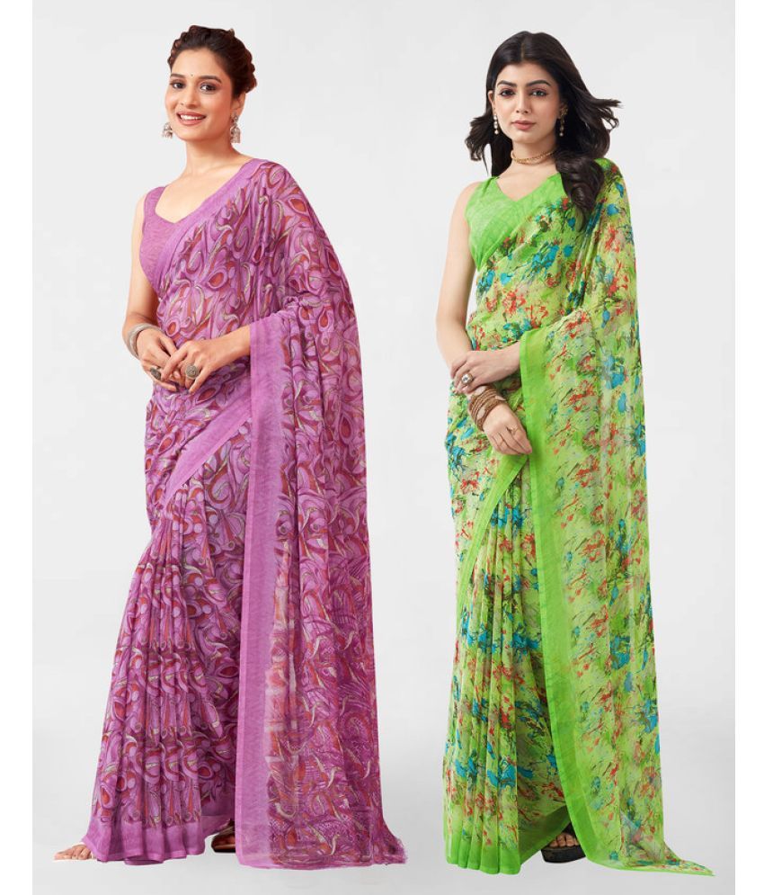     			Samah Georgette Printed Saree With Blouse Piece - Green ( Pack of 2 )