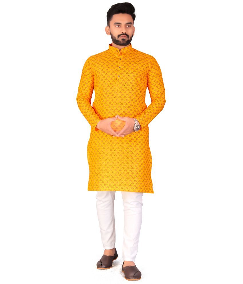     			FRELURO Yellow Cotton Blend Men's Regular Kurta ( Pack of 1 )