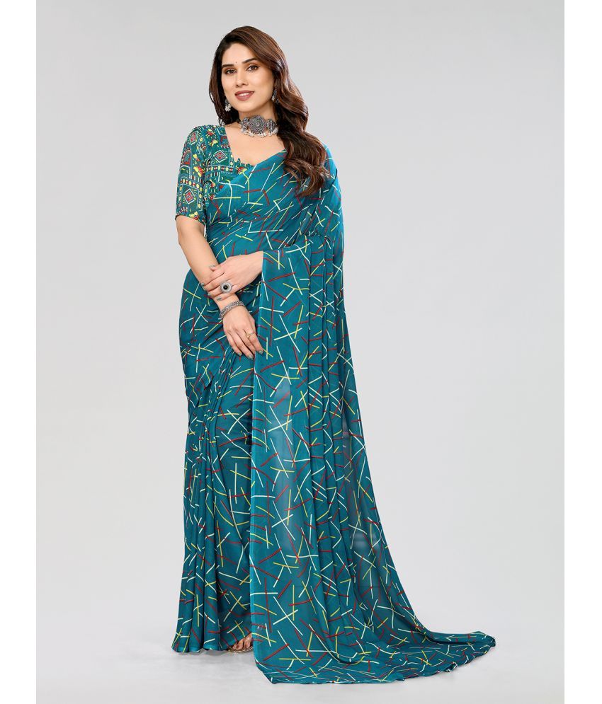     			Kashvi Sarees Georgette Printed Saree With Blouse Piece - Blue ( Pack of 1 )