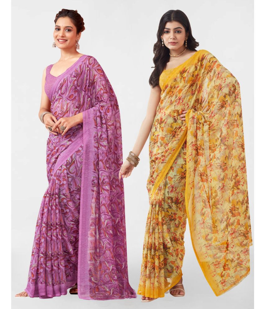     			Samah Georgette Printed Saree With Blouse Piece - Yellow ( Pack of 2 )
