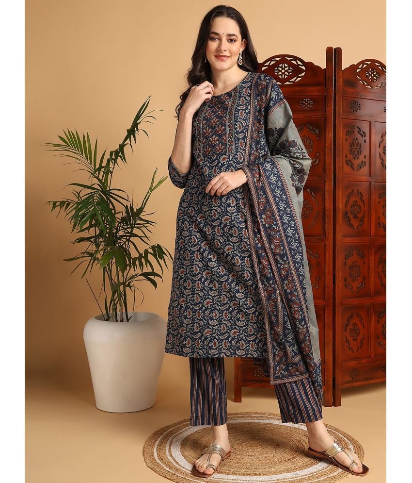     			Vaamsi Cotton Printed Kurti With Pants Women's Stitched Salwar Suit - Blue ( Pack of 1 )