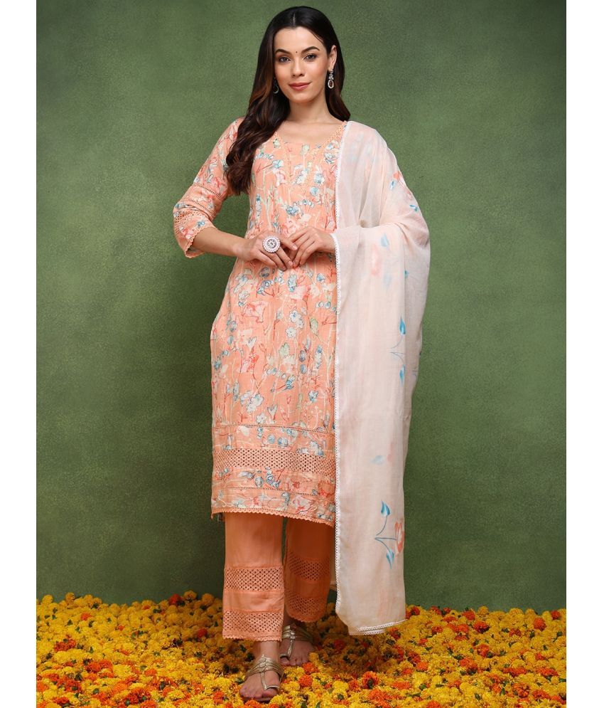     			Vaamsi Cotton Printed Kurti With Pants Women's Stitched Salwar Suit - Peach ( Pack of 1 )