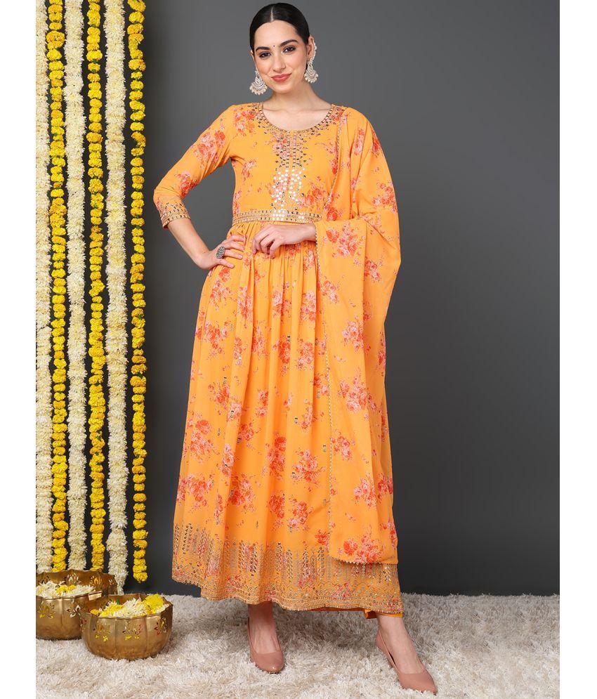     			Vaamsi Georgette Embroidered Kurti With Pants Women's Stitched Salwar Suit - Orange ( Pack of 1 )