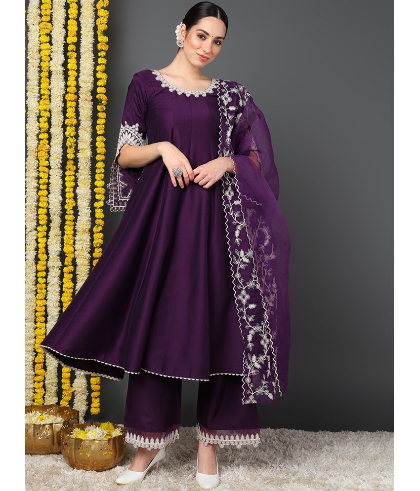     			Vaamsi Silk Blend Embroidered Kurti With Pants Women's Stitched Salwar Suit - Purple ( Pack of 1 )