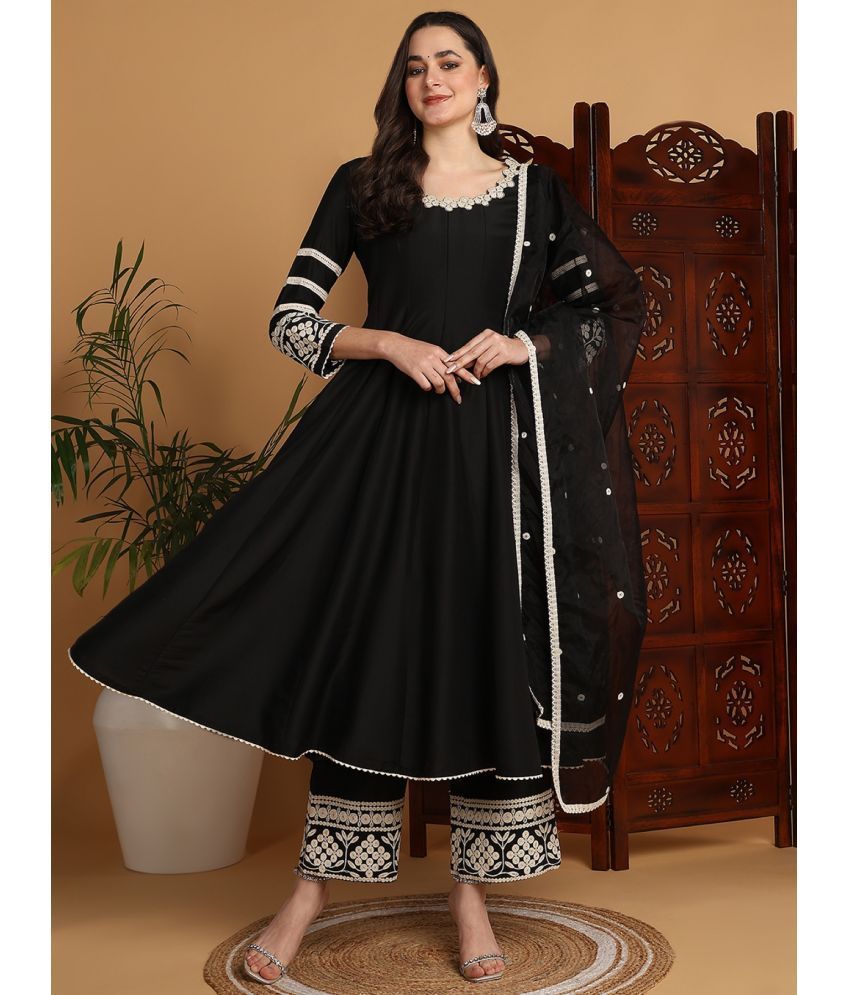     			Vaamsi Silk Blend Embroidered Kurti With Palazzo Women's Stitched Salwar Suit - Black ( Pack of 1 )