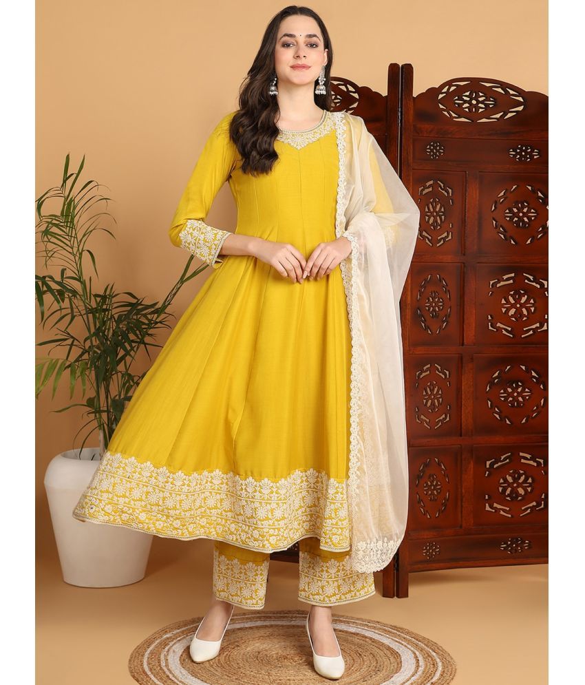     			Vaamsi Silk Blend Embroidered Kurti With Pants Women's Stitched Salwar Suit - Yellow ( Pack of 1 )