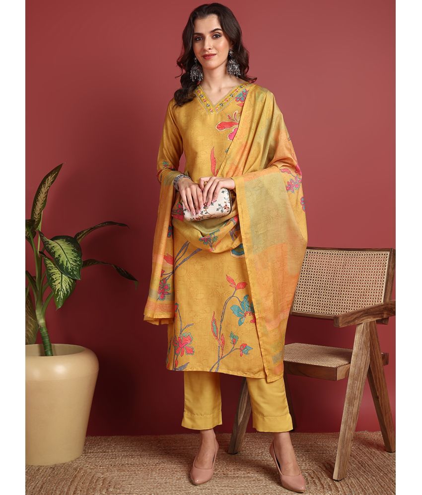     			Vaamsi Silk Blend Printed Kurti With Pants Women's Stitched Salwar Suit - Mustard ( Pack of 1 )