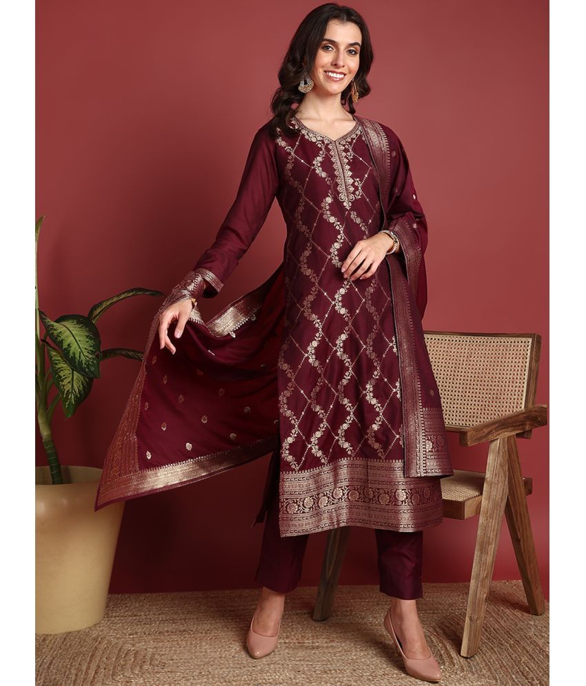     			Vaamsi Silk Blend Self Design Kurti With Pants Women's Stitched Salwar Suit - Burgundy ( Pack of 1 )