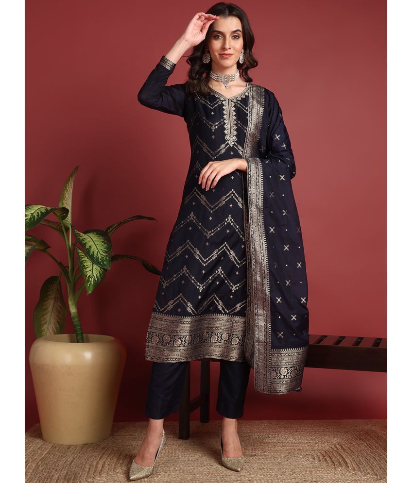     			Vaamsi Silk Blend Self Design Kurti With Pants Women's Stitched Salwar Suit - Navy Blue ( Pack of 1 )