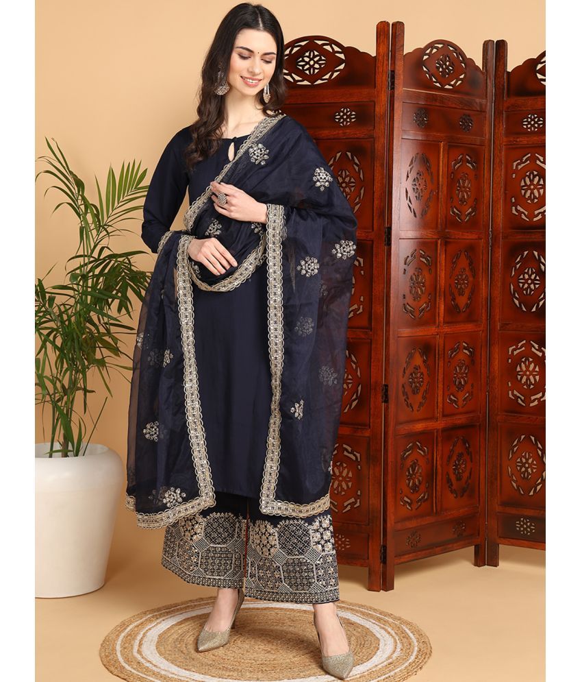     			Vaamsi Silk Blend Solid Kurti With Palazzo Women's Stitched Salwar Suit - Navy Blue ( Pack of 1 )