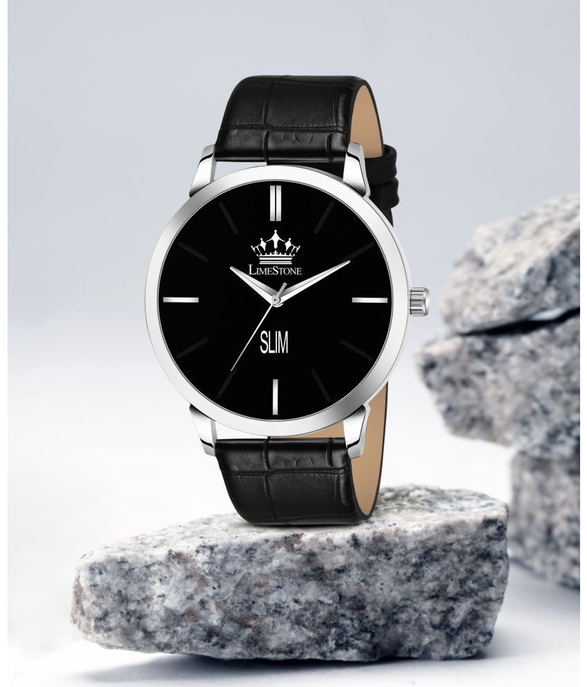     			LimeStone Black PU Analog Men's Watch