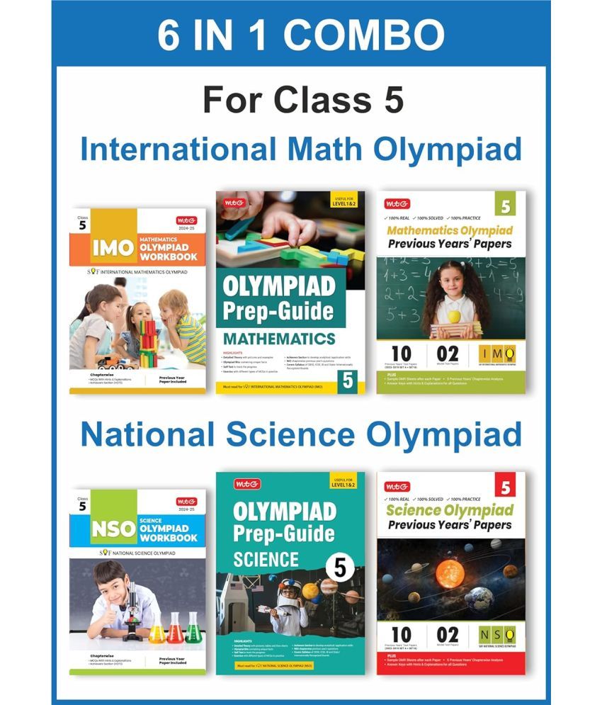     			MTG Class-5 (Mathematics & Science) IMO-NSO Olympiad Workbook, Prep-Guide & Previous Years Papers (PYQs) with Mock Test Paper - SOF Olympiad Books For 2024-25 Exam (Set of 6 Books)