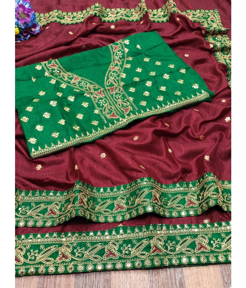     			Poshvariety Silk Embroidered Saree With Blouse Piece - Maroon ( Pack of 1 )