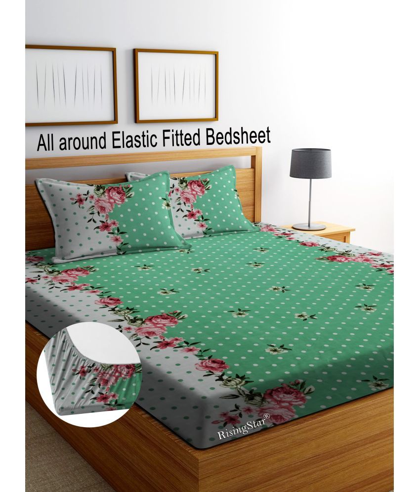     			Rising Star Cotton Floral Fitted ( King Size ) - Green