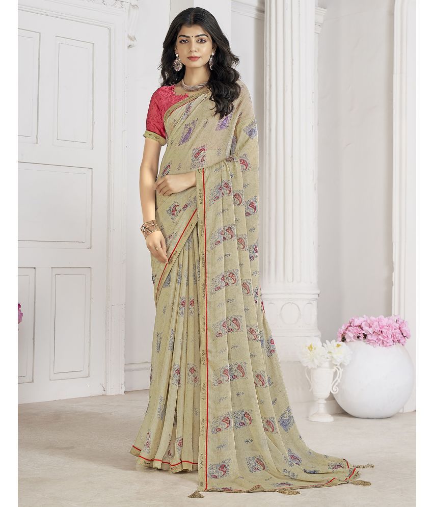     			Samah Chiffon Printed Saree With Blouse Piece - Beige ( Pack of 1 )