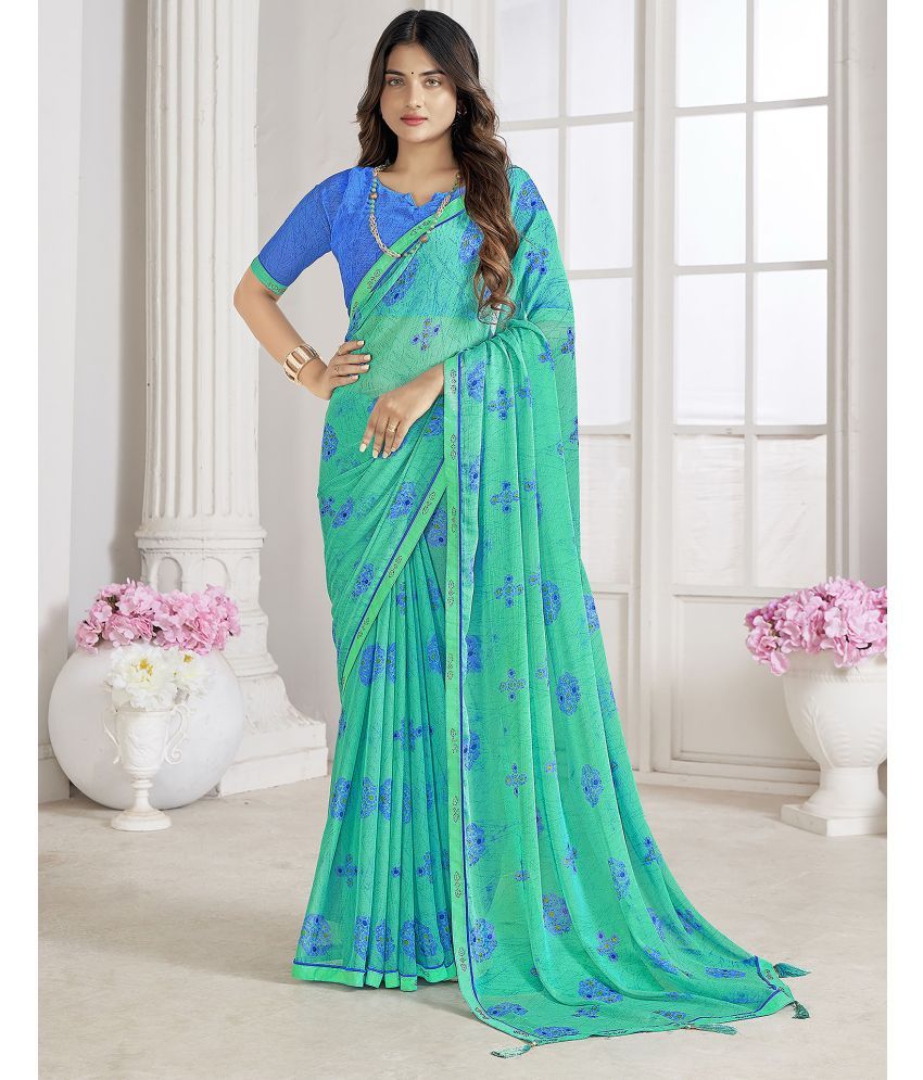     			Samah Chiffon Printed Saree With Blouse Piece - Turquoise ( Pack of 1 )