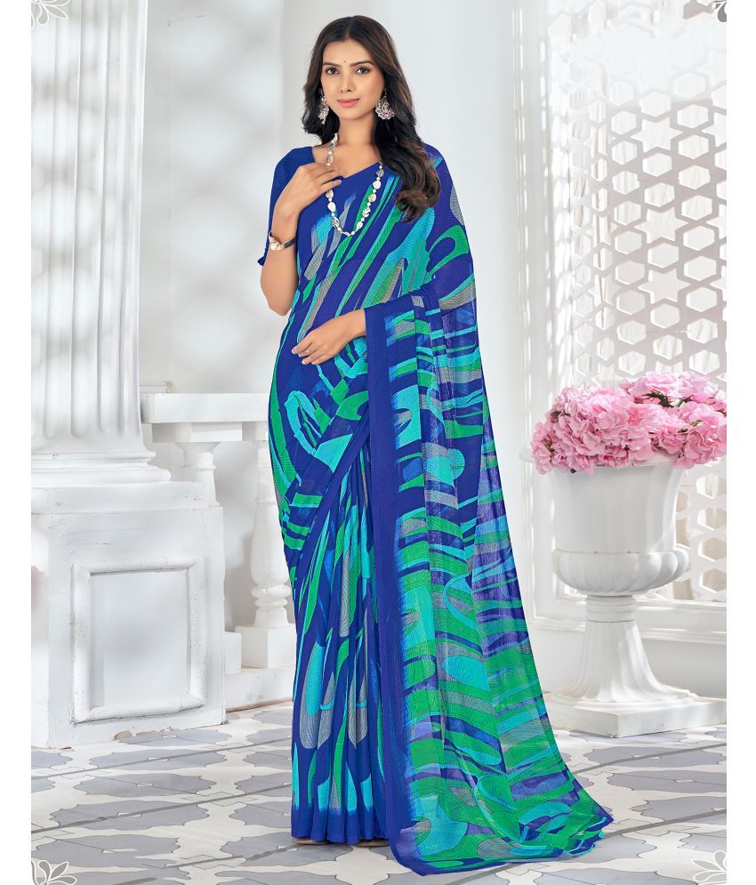     			Samah Chiffon Printed Saree With Blouse Piece - Navy Blue ( Pack of 1 )