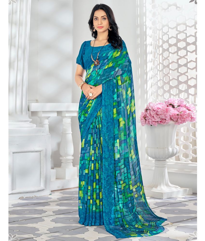     			Samah Chiffon Printed Saree With Blouse Piece - Teal ( Pack of 1 )