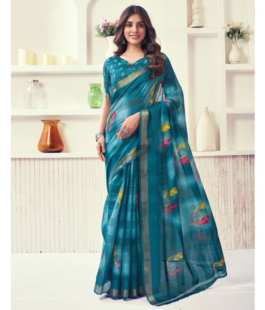     			Samah Cotton Blend Printed Saree With Blouse Piece - Rama ( Pack of 1 )