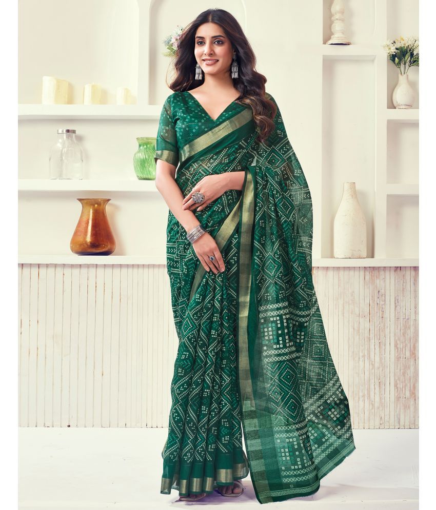     			Samah Cotton Blend Printed Saree With Blouse Piece - Green ( Pack of 1 )