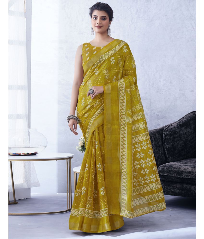     			Samah Cotton Blend Printed Saree With Blouse Piece - Yellow ( Pack of 1 )