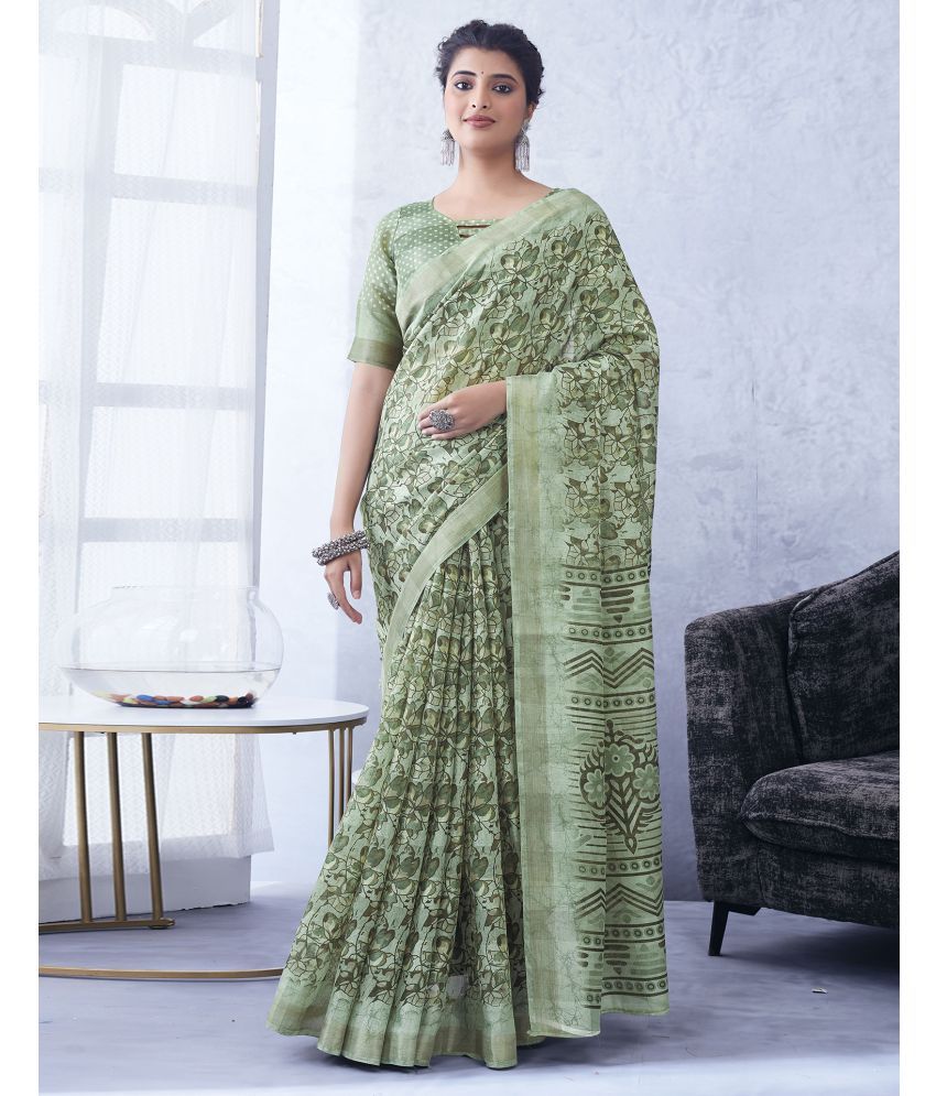     			Samah Cotton Blend Printed Saree With Blouse Piece - Mint Green ( Pack of 1 )