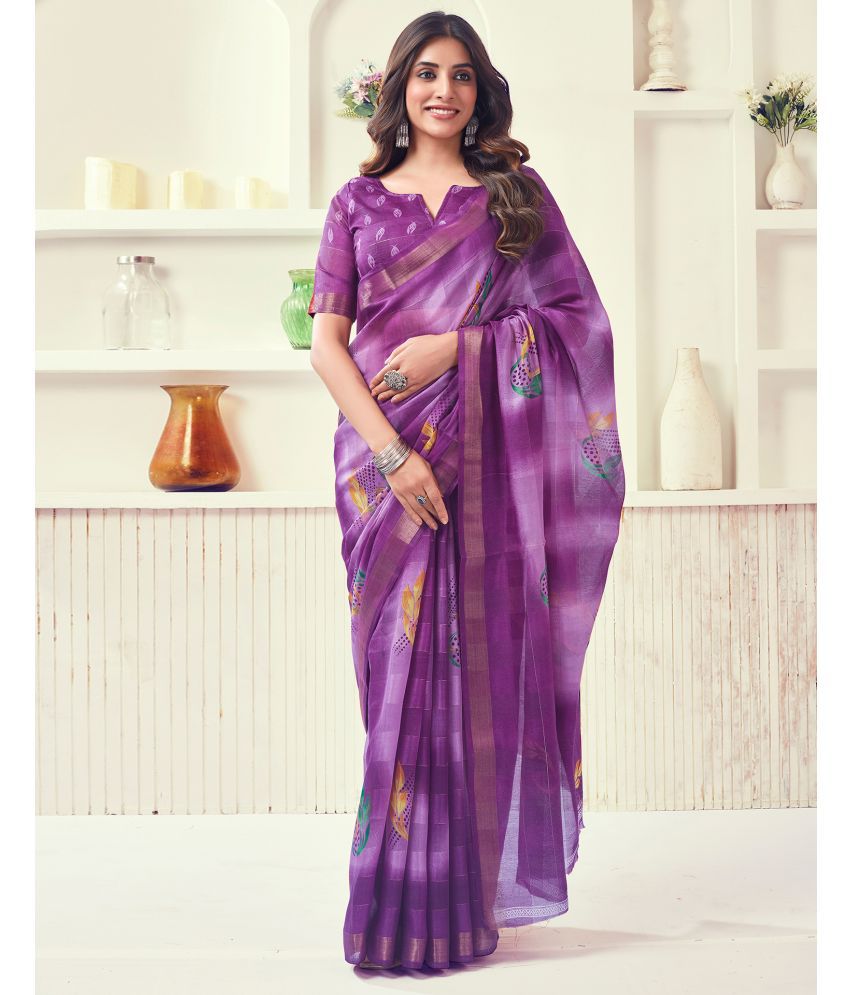     			Samah Cotton Blend Printed Saree With Blouse Piece - Purple ( Pack of 1 )