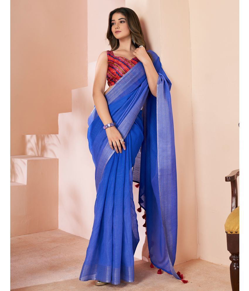     			Samah Linen Solid Saree With Blouse Piece - Navy Blue ( Pack of 1 )