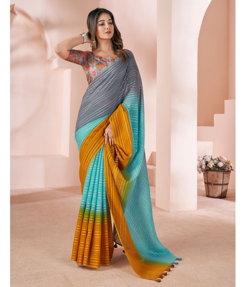     			Samah Linen Striped Saree With Blouse Piece - Turquoise ( Pack of 1 )