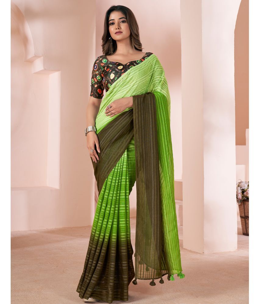     			Samah Linen Striped Saree With Blouse Piece - Green ( Pack of 1 )