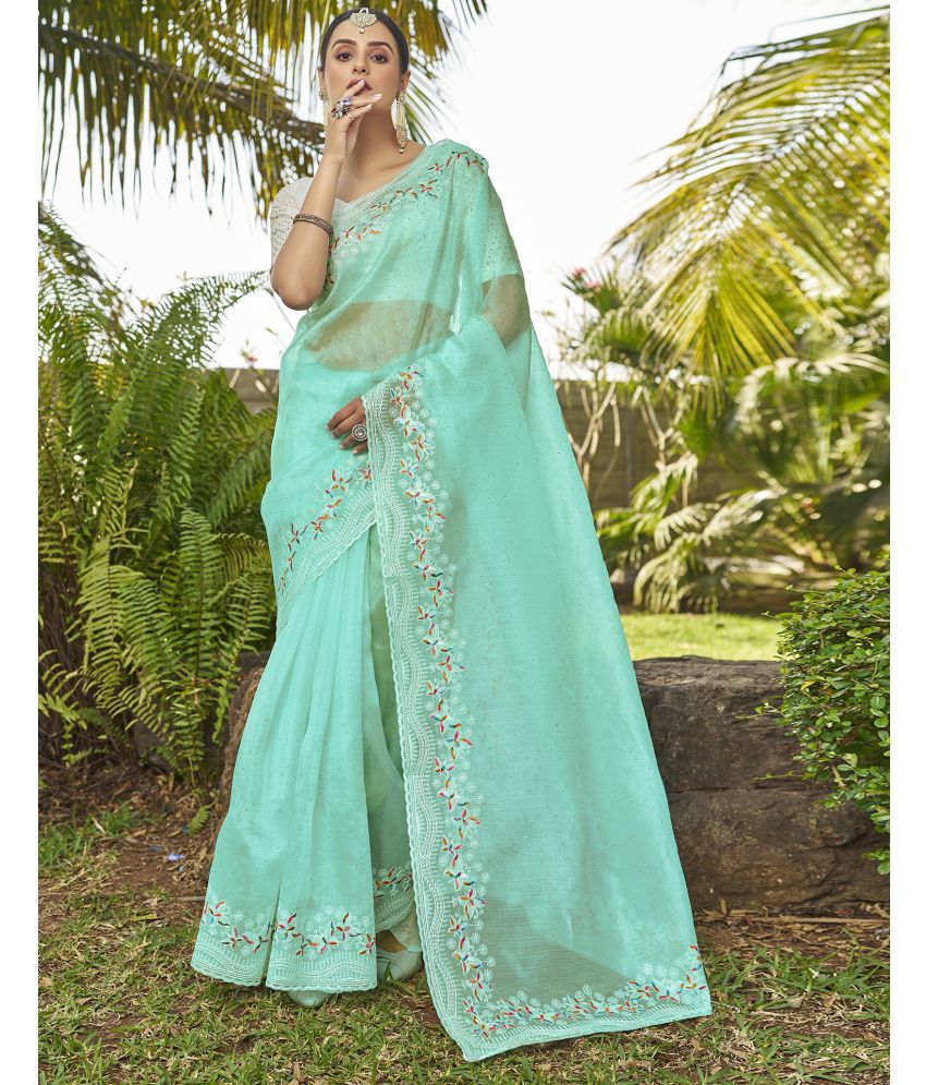     			Samah Organza Embroidered Saree With Blouse Piece - Turquoise ( Pack of 1 )