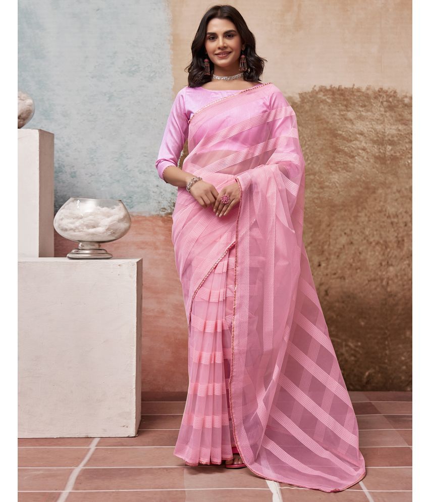     			Samah Organza Self Design Saree With Blouse Piece - Pink ( Pack of 1 )