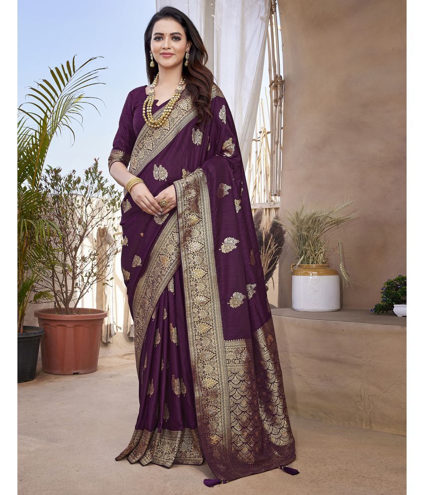     			Samah Silk Blend woven Saree With Blouse Piece - Wine ( Pack of 1 )