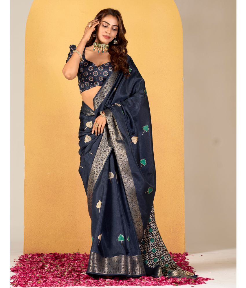     			Samah Silk Printed Saree With Blouse Piece - Navy Blue ( Pack of 1 )