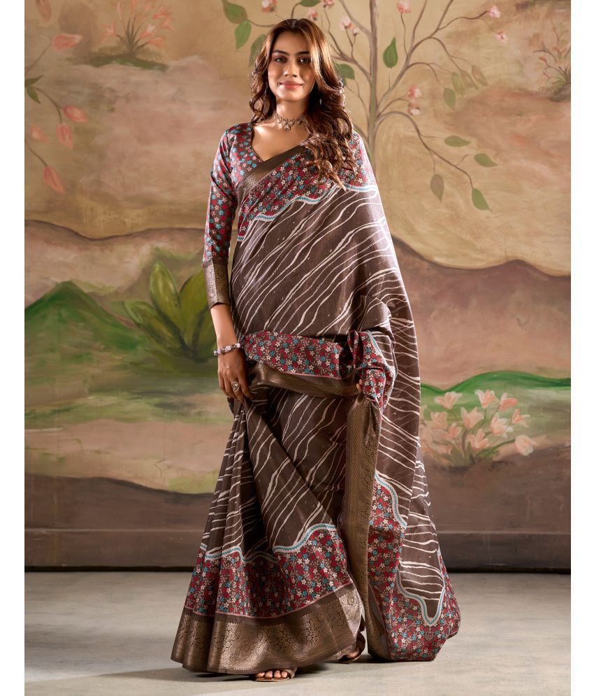     			Samah Silk Printed Saree With Blouse Piece - Brown ( Pack of 1 )