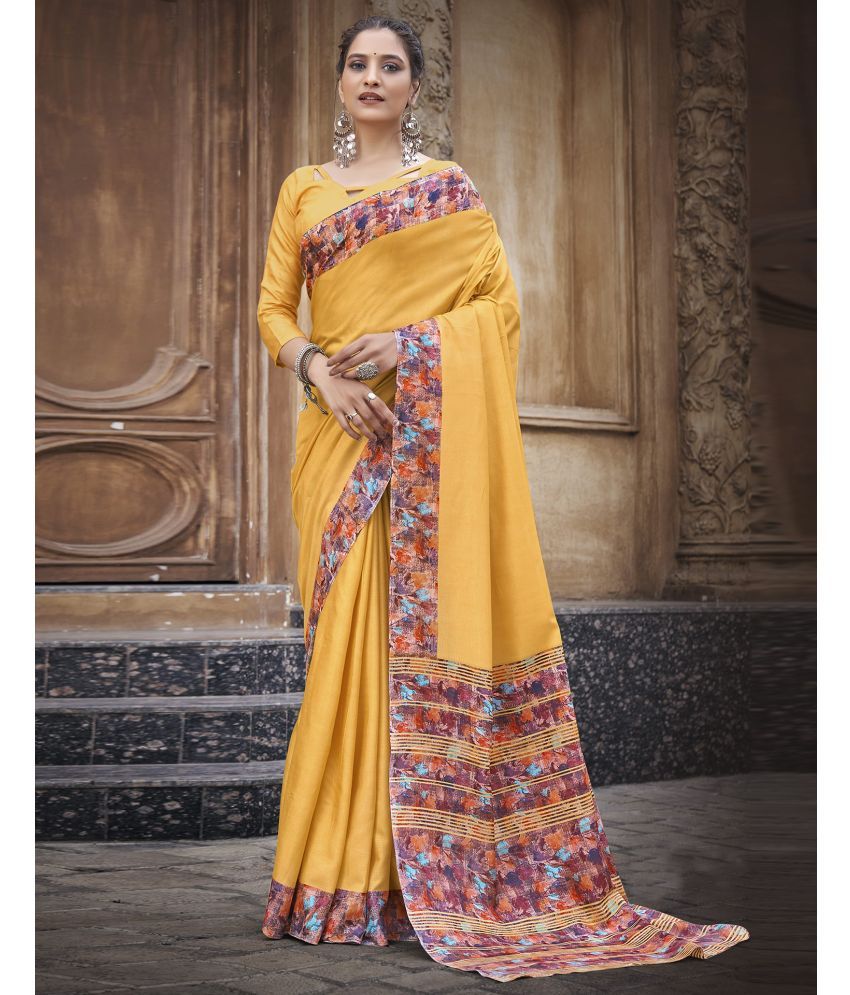     			Samah Silk Printed Saree With Blouse Piece - Yellow ( Pack of 1 )