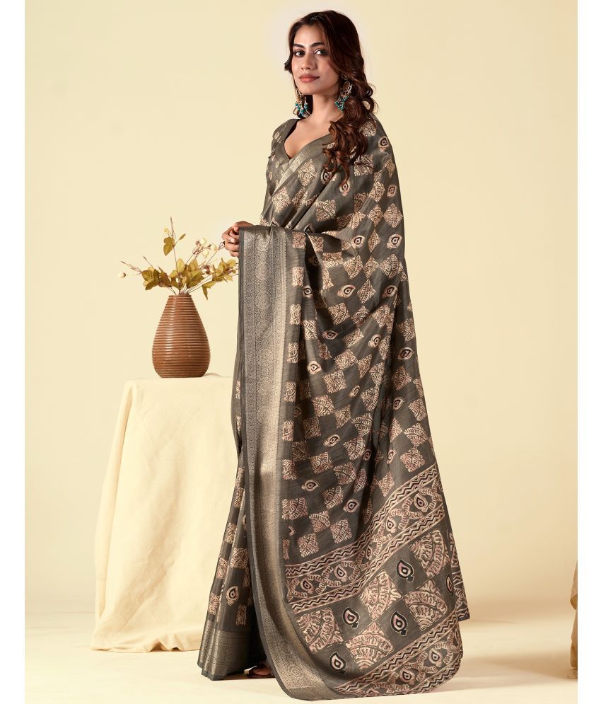     			Samah Silk Printed Saree With Blouse Piece - Brown ( Pack of 1 )