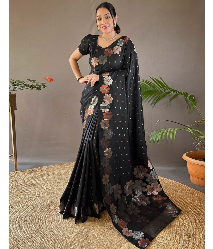     			Samah Silk Woven Saree With Blouse Piece - Black ( Pack of 1 )