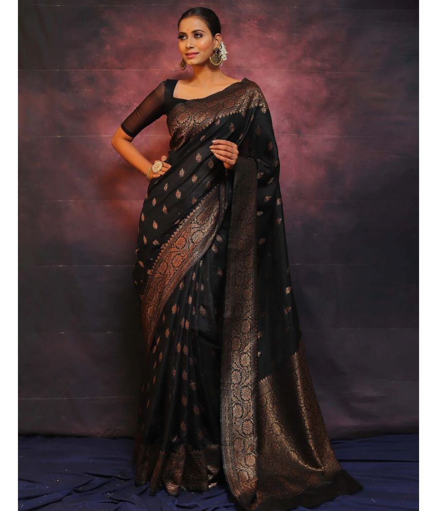     			Samah Silk Woven Saree With Blouse Piece - Black ( Pack of 1 )