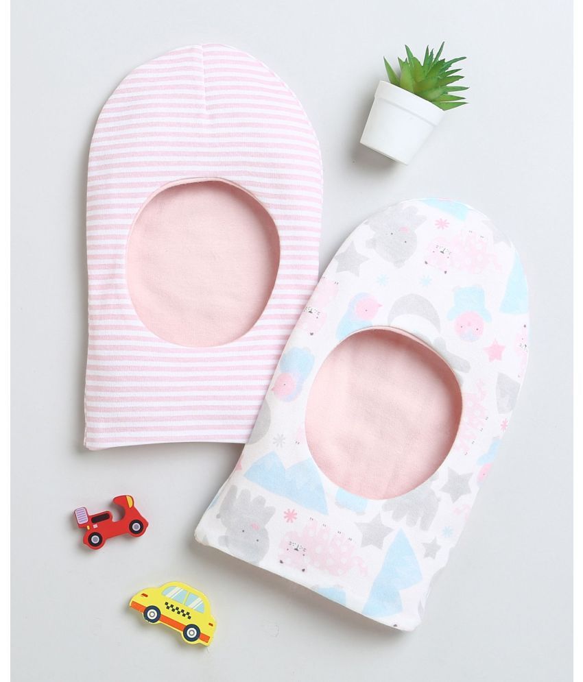     			BUMZEE Baby Pink & White Girls Cotton Reversible Monkey Cap Pack Of 2 Age - 0-6 Months