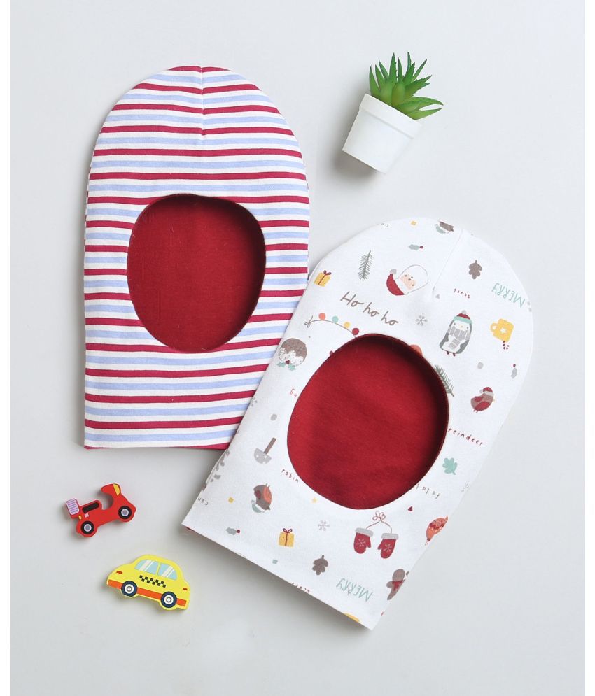     			BUMZEE Maroon & White Boys Cotton Reversible Monkey Cap Pack Of 2 Age - 6-12 Months