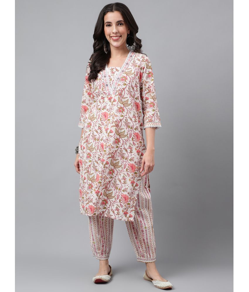     			Flamboyant Cotton Printed Kurti With Pants Women's Stitched Salwar Suit - Off White ( Pack of 1 )