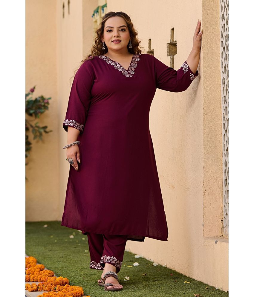     			PrettyPlus by Desinoor.com Rayon Embroidered Kurti With Pants Women's Stitched Salwar Suit - Wine ( Pack of 1 )