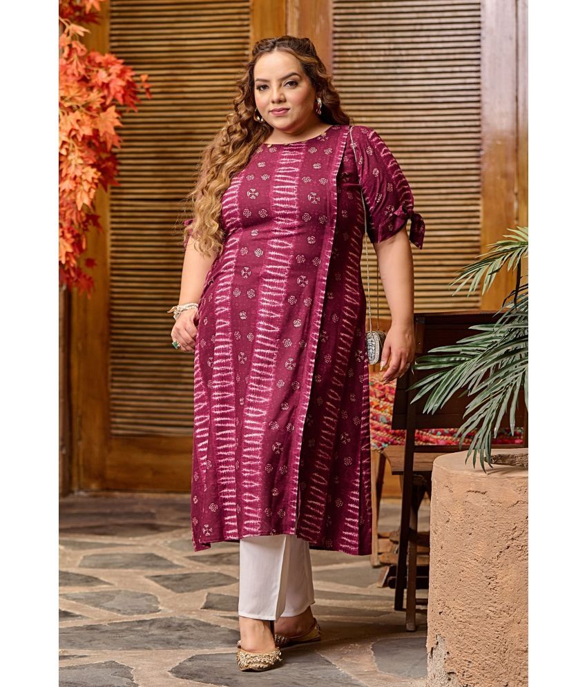     			PrettyPlus by Desinoor.com Rayon Printed Kurti With Pants Women's Stitched Salwar Suit - Wine ( Pack of 1 )