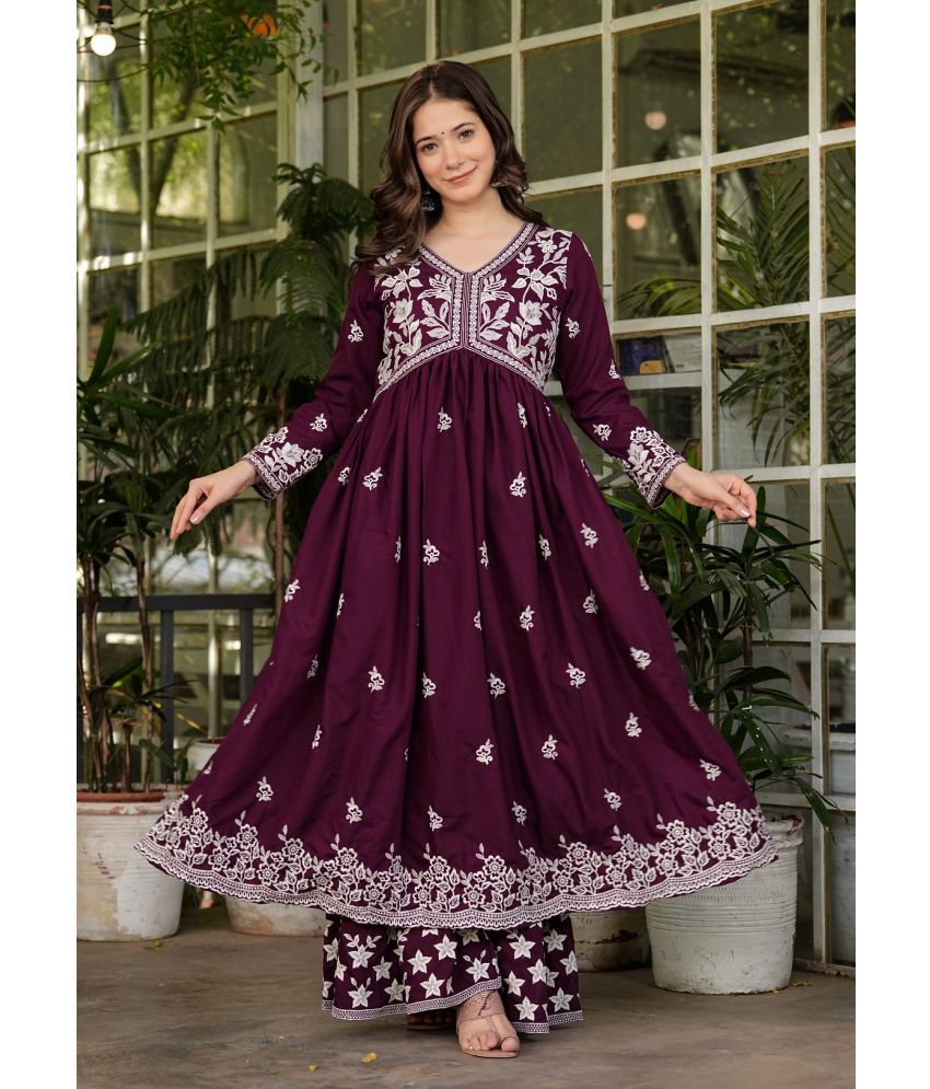     			Estela Rayon Embroidered Kurti With Sharara And Gharara Women's Stitched Salwar Suit - Wine ( Pack of 1 )