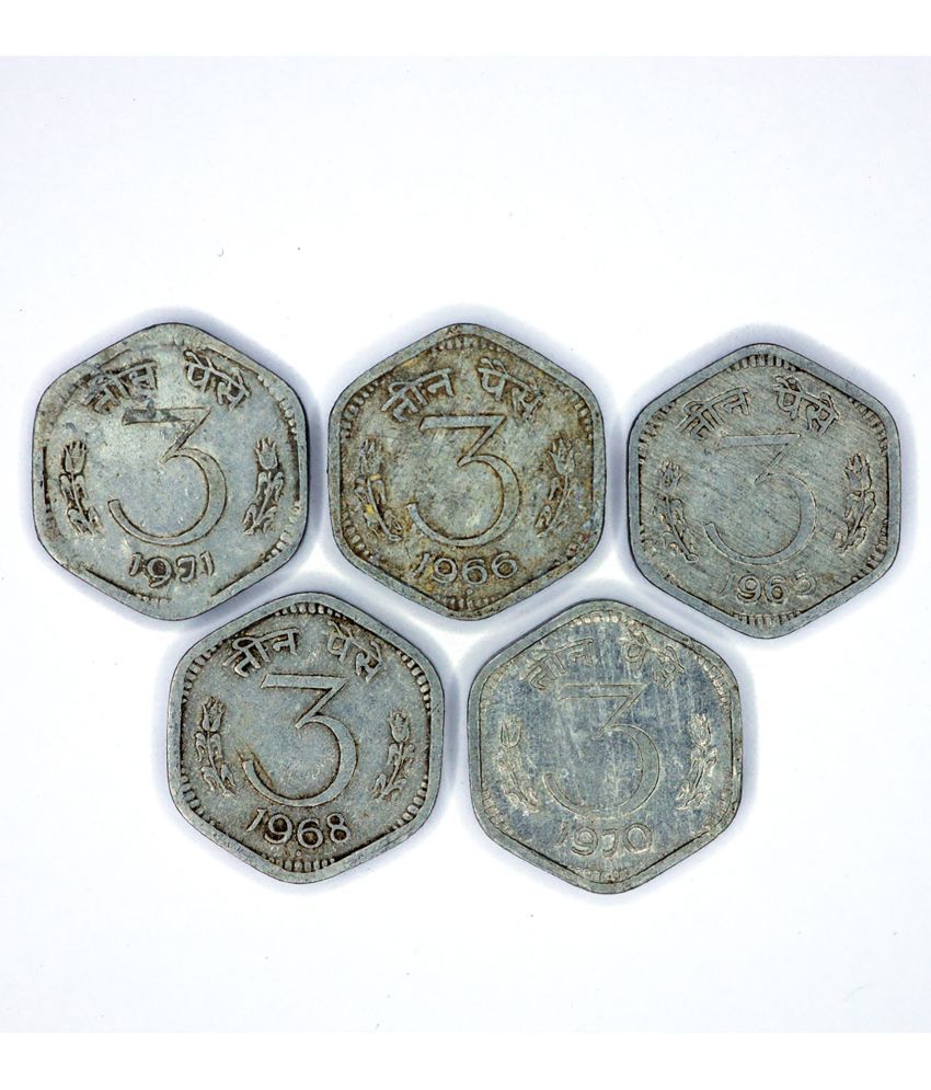     			Set of 5 Old Three Paise Coins Collectible Item for Students and Coin Collectors
