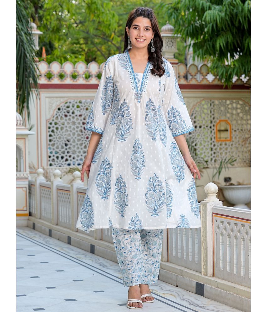     			Vbuyz Cotton Printed Kurti With Palazzo Women's Stitched Salwar Suit - Blue ( Pack of 1 )