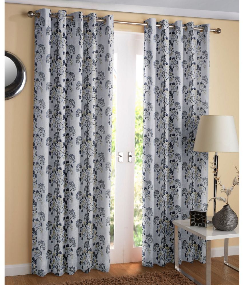     			WACO CREATION Floral Printed Semi-Transparent Eyelet Curtain 7 ft ( Pack of 2 ) - Light Grey