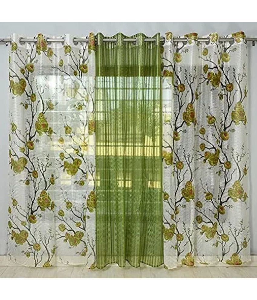     			WACO CREATION Floral Printed Transparent Eyelet Curtain 9 ft ( Pack of 3 ) - Green